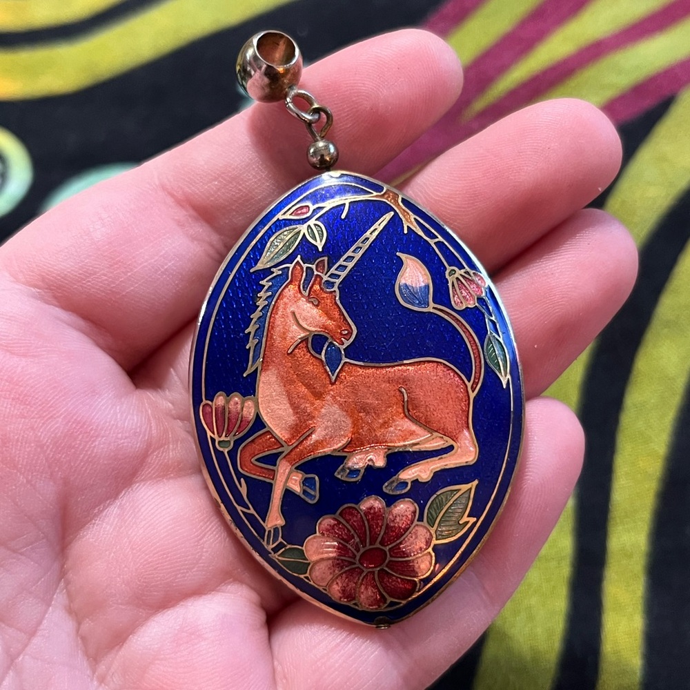 Vintage Rare Unicorn Enamel Cloisonné Blue Red Gold Tone Metal Costume Pendant